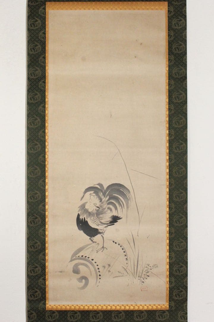 No4452掛軸　在印　松花堂昭乗　水墨鶏図　紙本　合箱　古画　古美術　送料無料