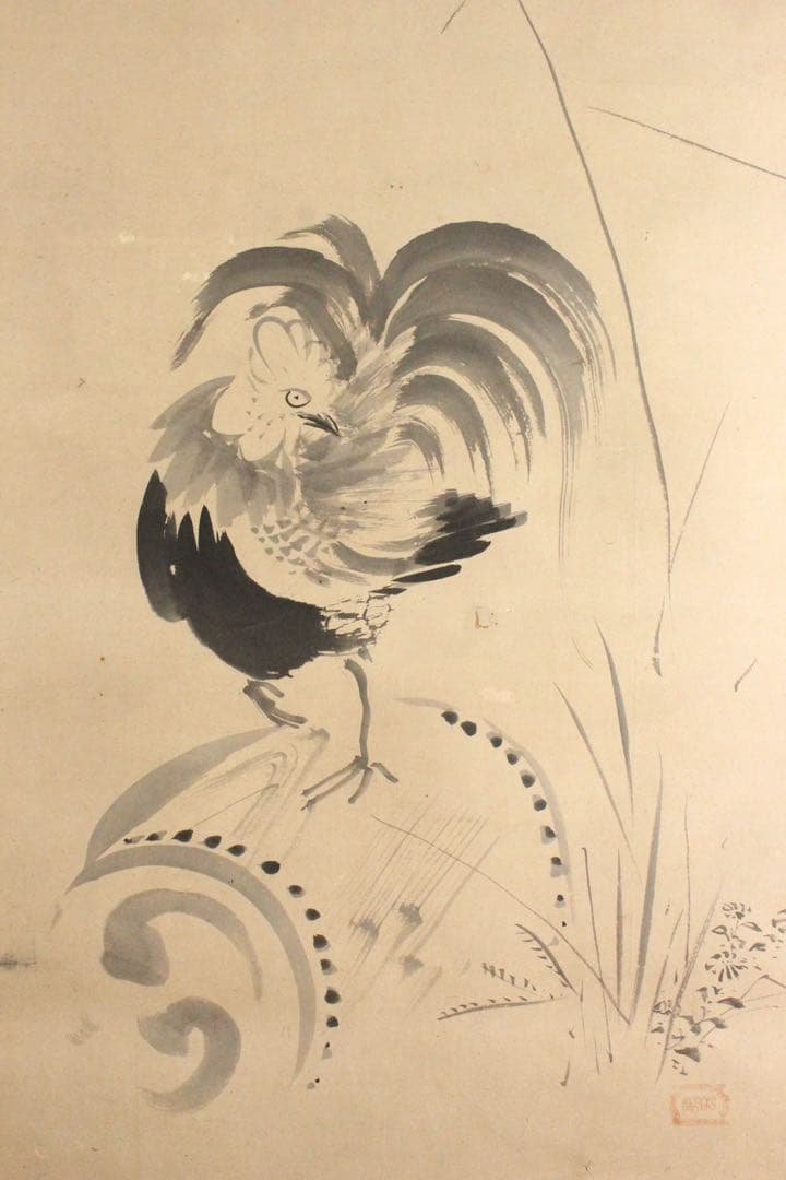 No4452掛軸　在印　松花堂昭乗　水墨鶏図　紙本　合箱　古画　古美術　送料無料