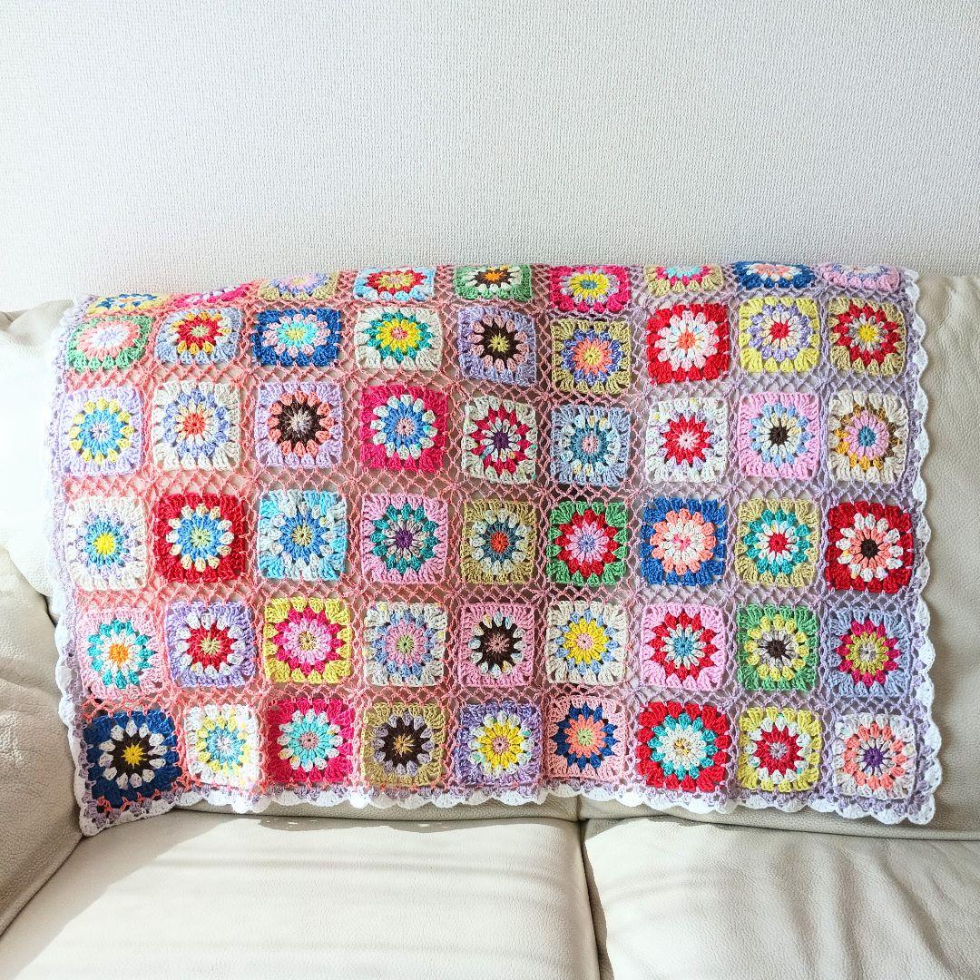 手編みブランケット★カラフル★グラニースクエア★コットン