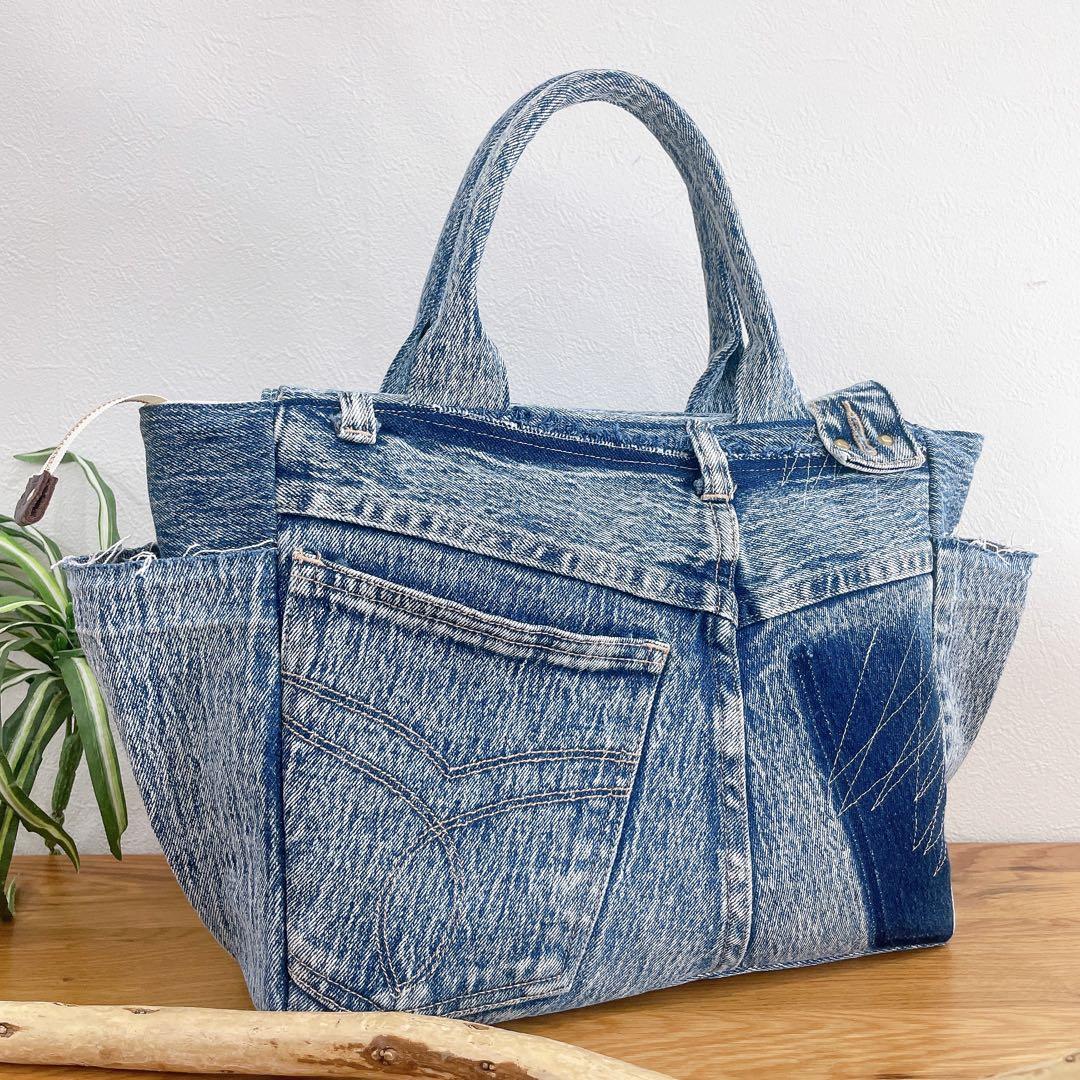 BIG size★2way ショルダー付き トートバッグ デニムリメイク