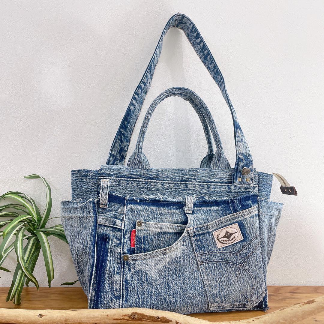 BIG size★2way ショルダー付き トートバッグ デニムリメイク
