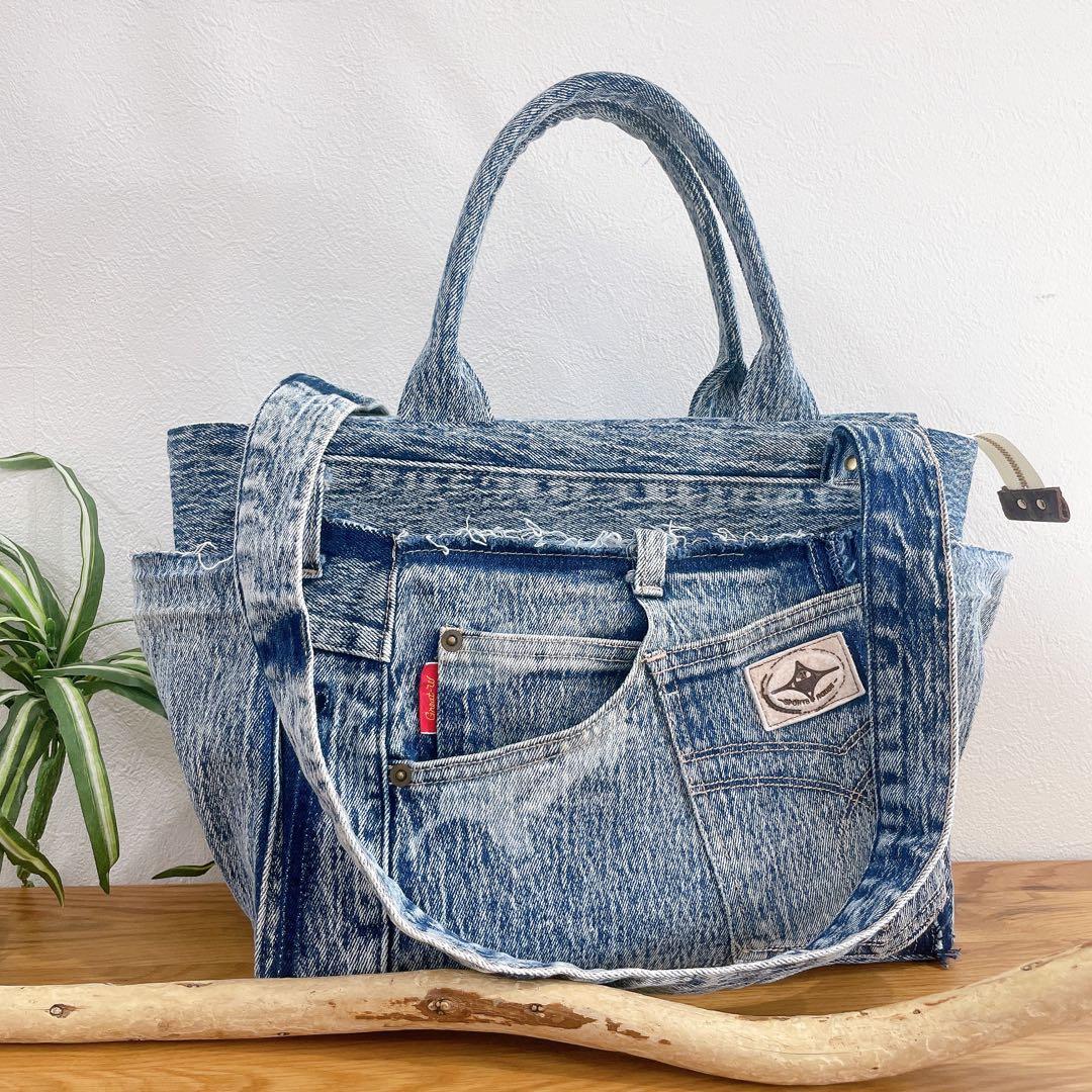 BIG size★2way ショルダー付き トートバッグ デニムリメイク