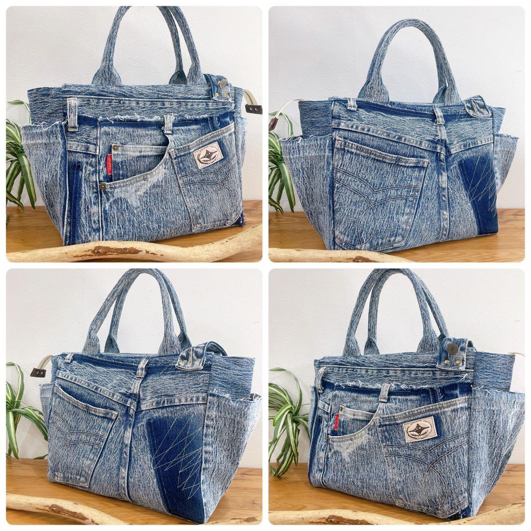 BIG size★2way ショルダー付き トートバッグ デニムリメイク