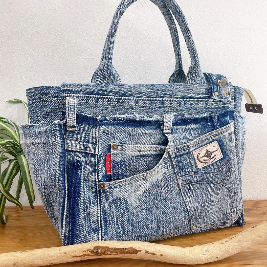 BIG size★2way ショルダー付き トートバッグ デニムリメイク
