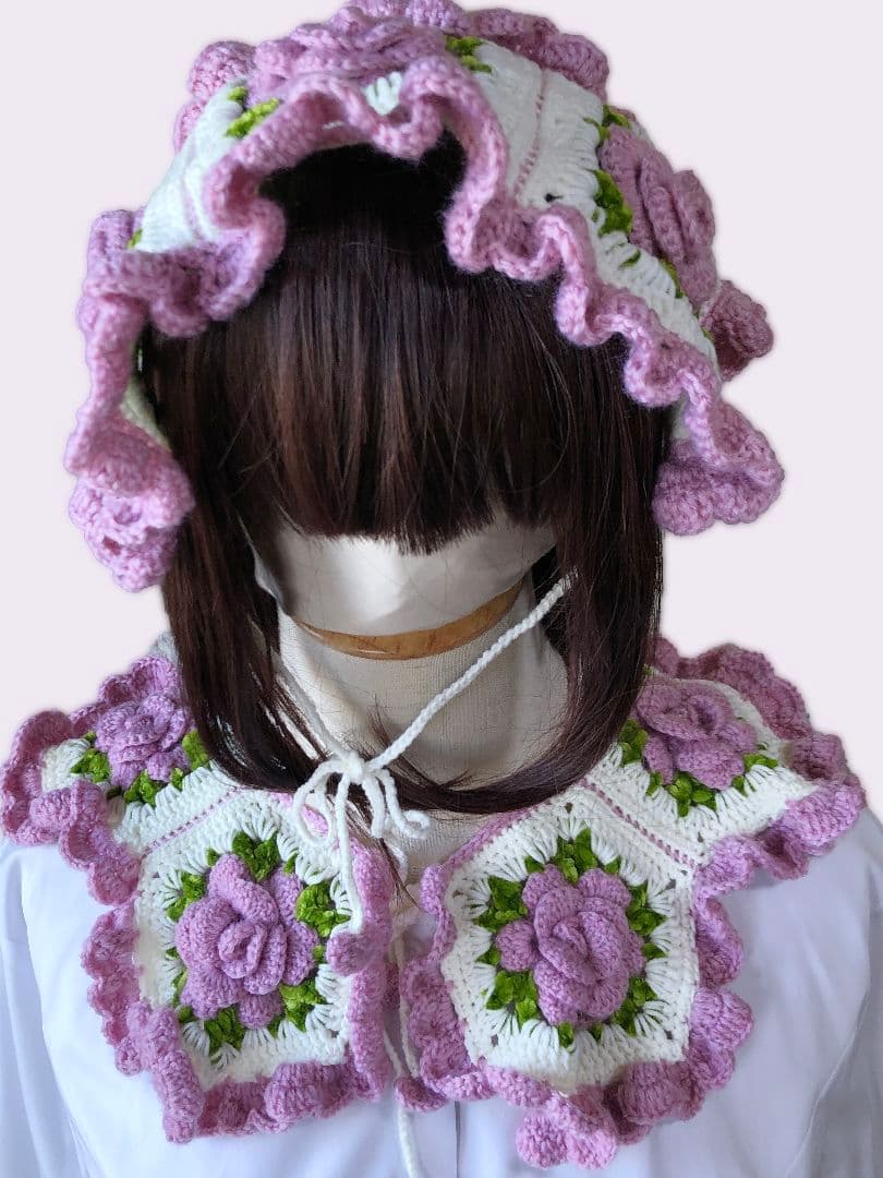 薔薇モチーフヘッドドレス＆つけ襟・ローズピンク2点セット