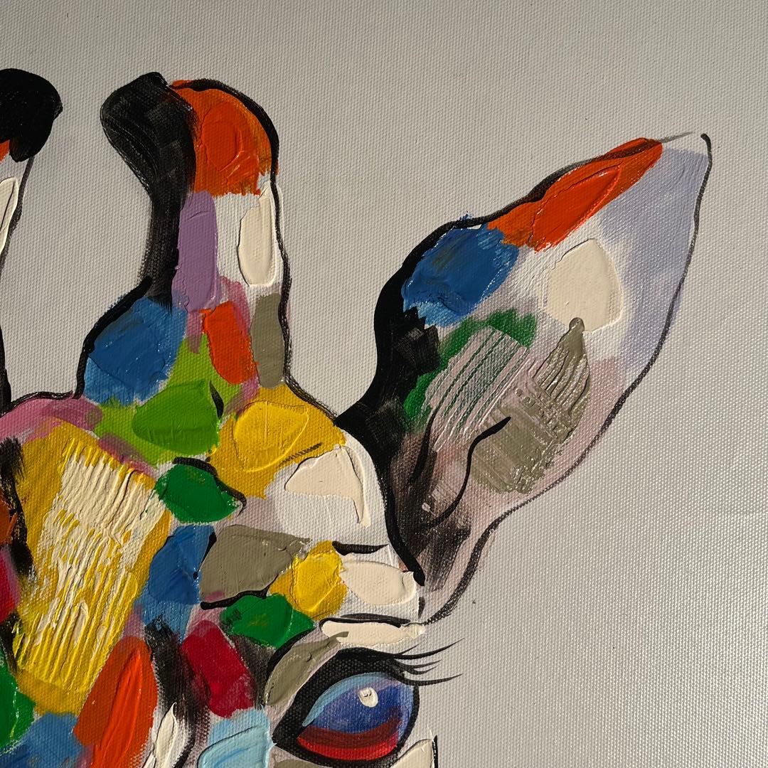 手書き油絵 七色キリン 額付 肉筆絵画 インテリア 油彩画