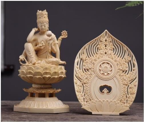 木製 仏像 観音菩薩像 精巧な彫刻 台座付き 高さ30cm