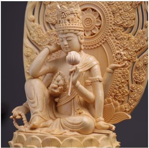 木製 仏像 観音菩薩像 精巧な彫刻 台座付き 高さ30cm