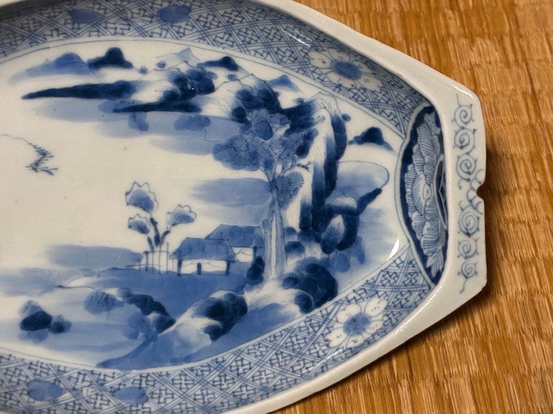 古伊万里 染付 山水 風景紋 舟形皿