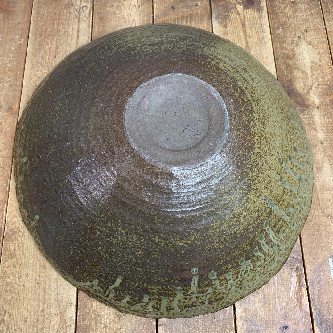 D-4 【作家物・一点物】手びねり 陶器 大鉢 緑釉 歪み鉢 菓子鉢 盛込鉢