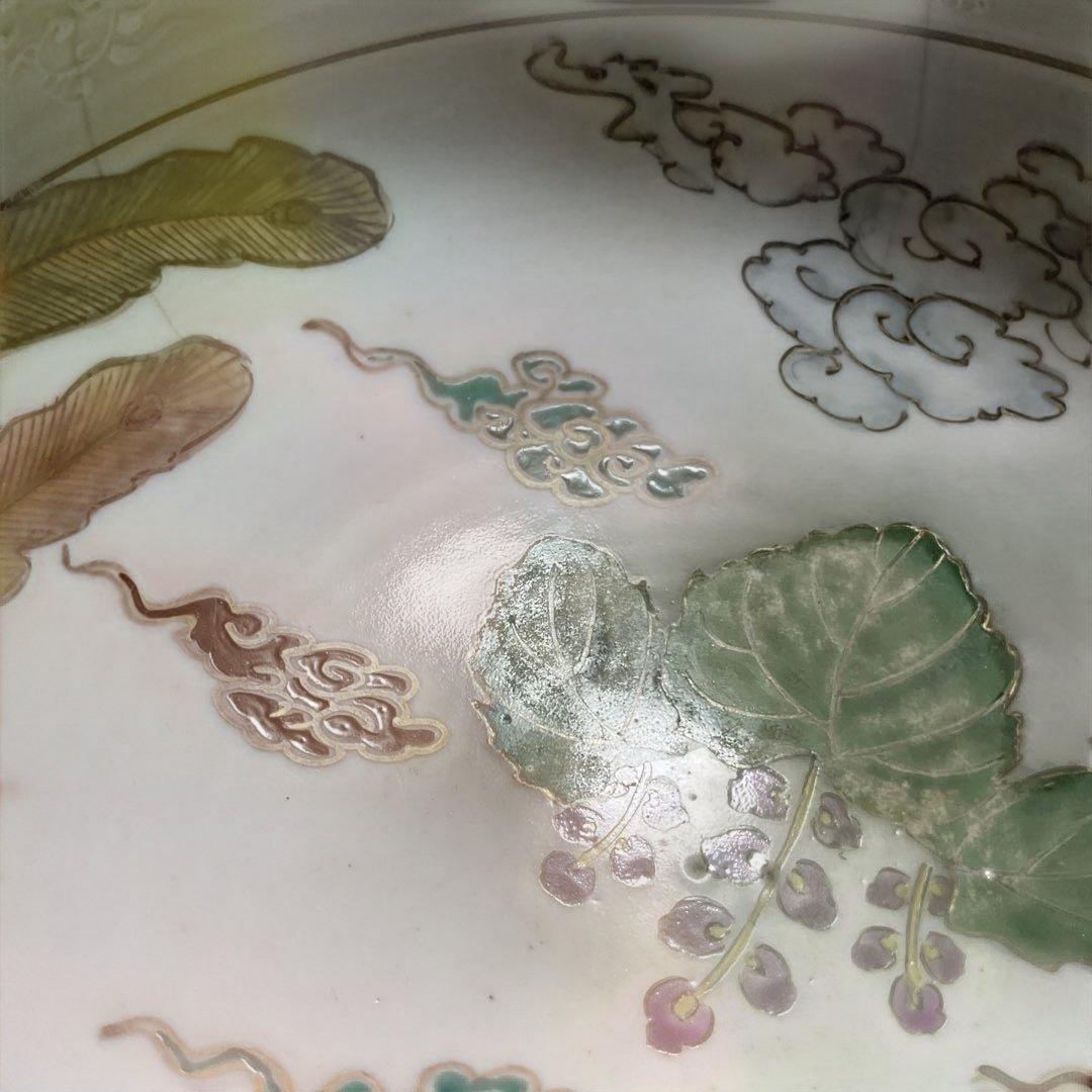 九谷、明治時代の手描きの鳳凰と祥瑞の磁器鉢、ニュウあり