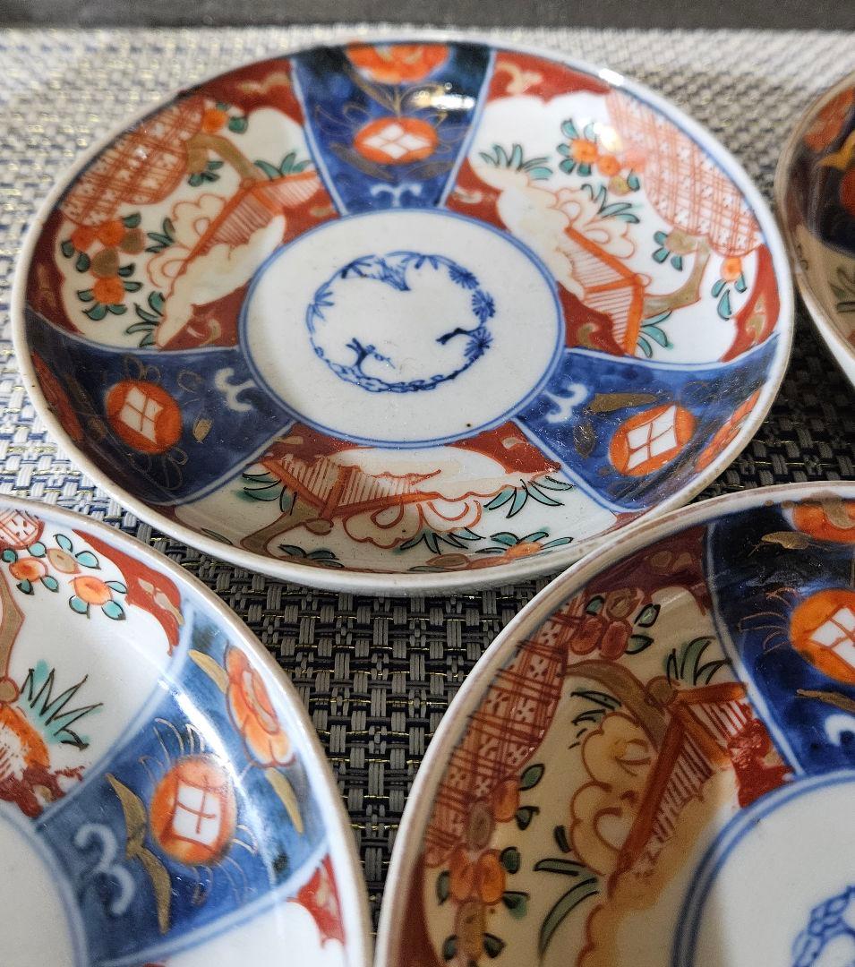 江戸末期〜明治時代　古伊万里　染錦　見込に松竹梅　花に七宝文様　小皿　豆皿　5客