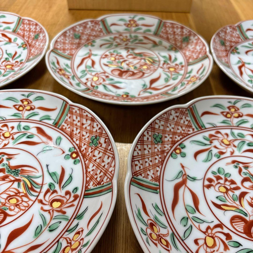 たち吉　赤絵　金彩　和皿揃　中皿　花形皿　盛皿　直径19cm