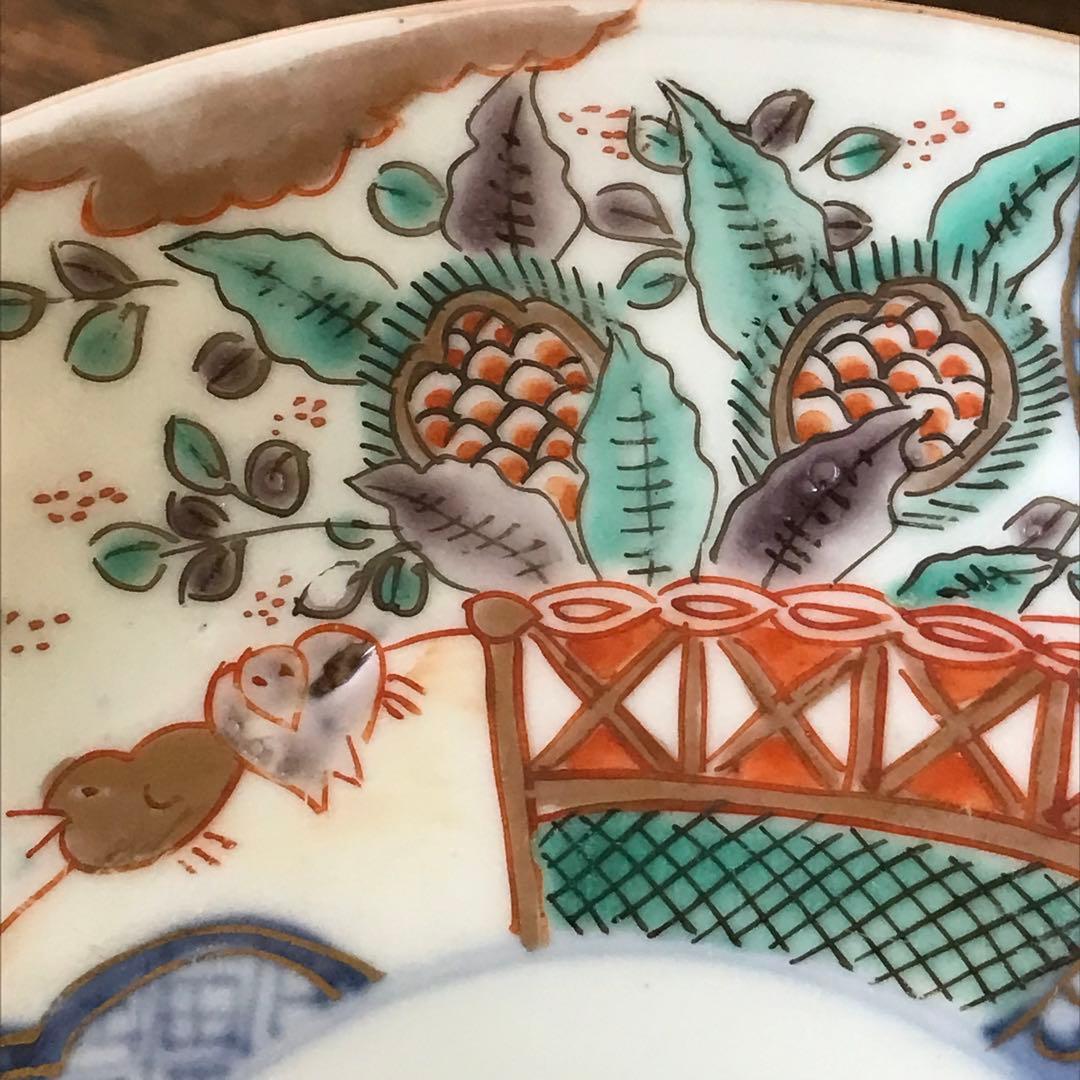 ＊古伊万里　色絵皿　柘榴　竹垣　4客　アンティーク　レトロ　古道具＊