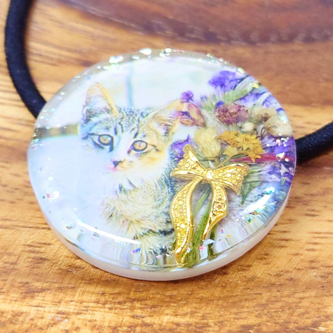 花束と猫ちゃんヘアゴム ハンドメイド レジン リボン 押し花 ネックレス お花