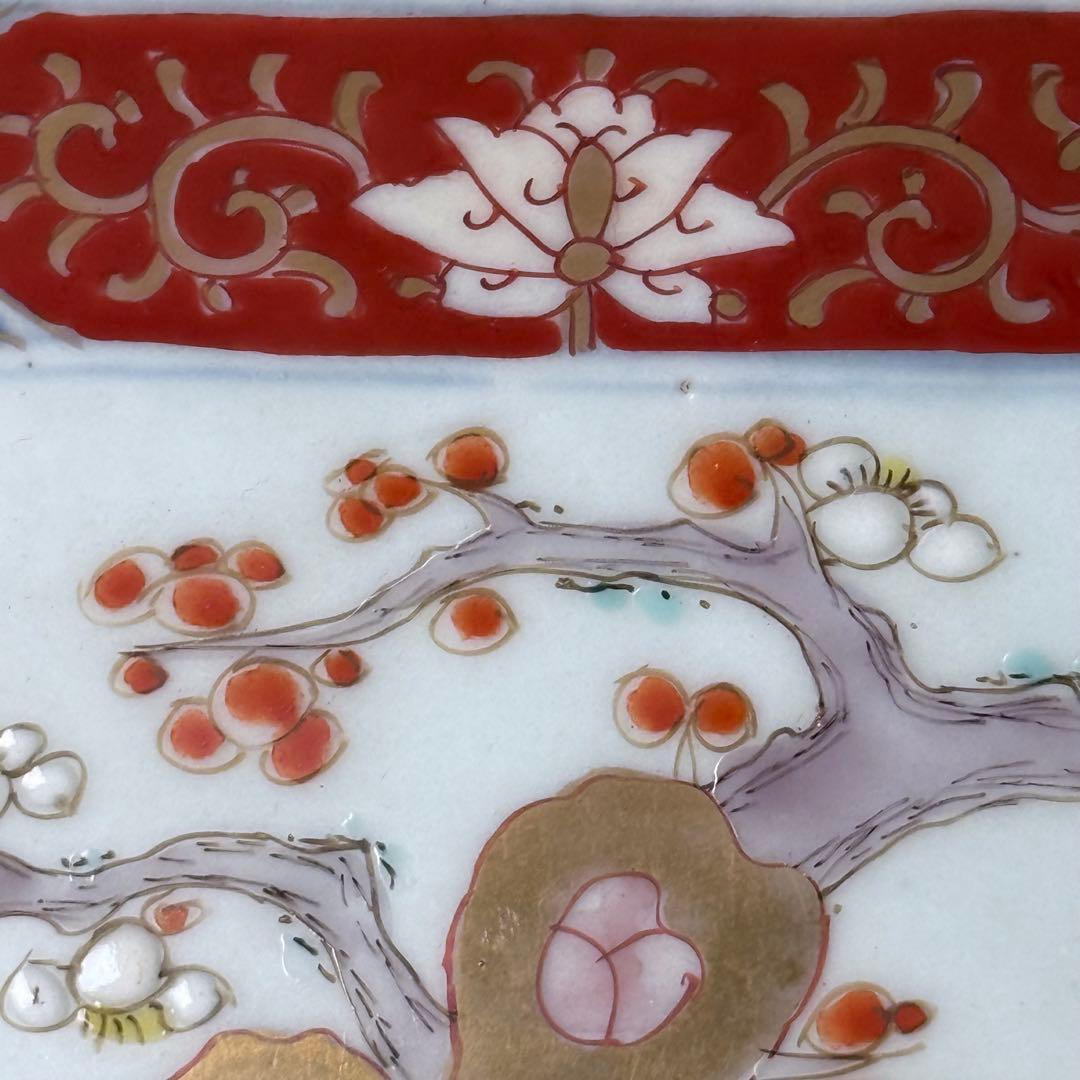 江戸後期〜明治時代　色絵松竹梅鳥賢人図六角鉢　共箱　古美術　豪商旧蔵品