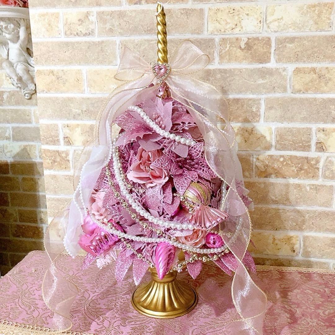 クリスマスキャンドルフラワーアレンジ♡ピンクのクリスマスツリー♡造花アレンジ