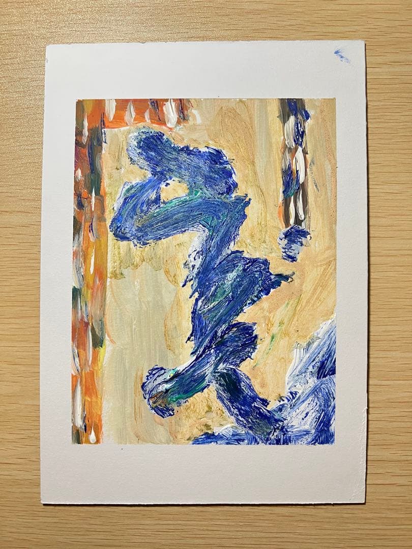 抽象画 青と緑の油彩 A4サイズ
