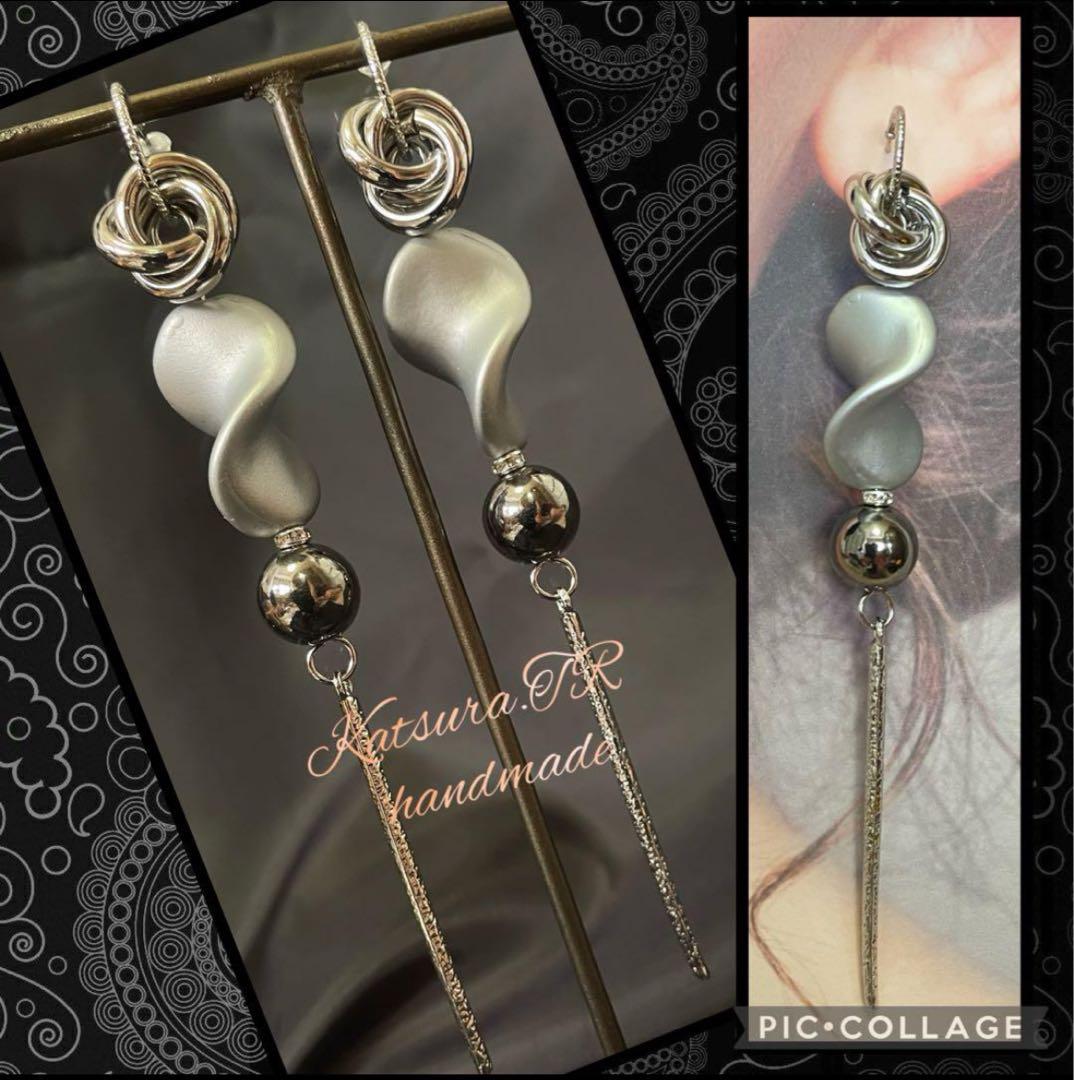 No.1061 シルバーキラキラスティック　ハーフフープ　ロングピアス　大ぶり