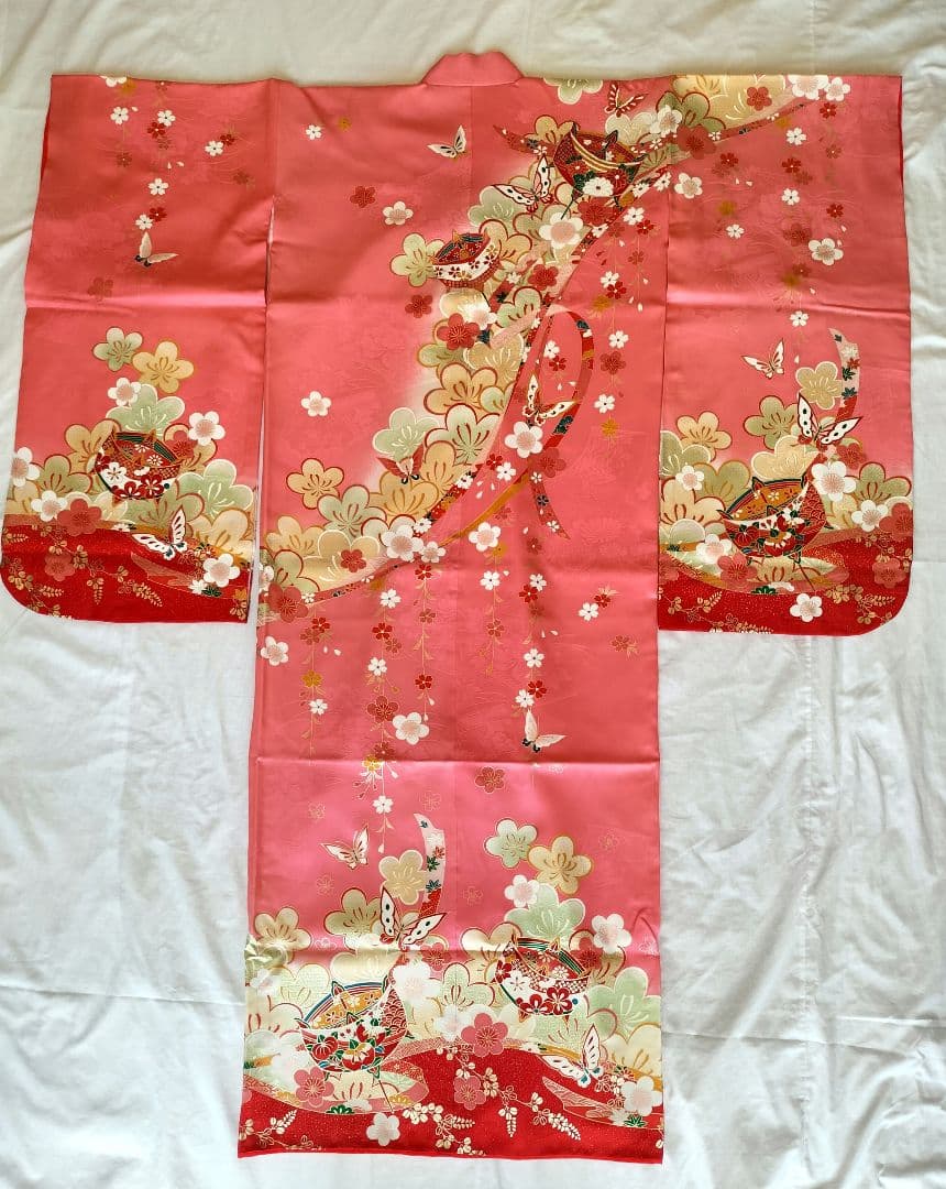 クリーニング済み　七五三　7歳　ハーフ成人式　着物　四つ身　ピンク　古典柄　糸車