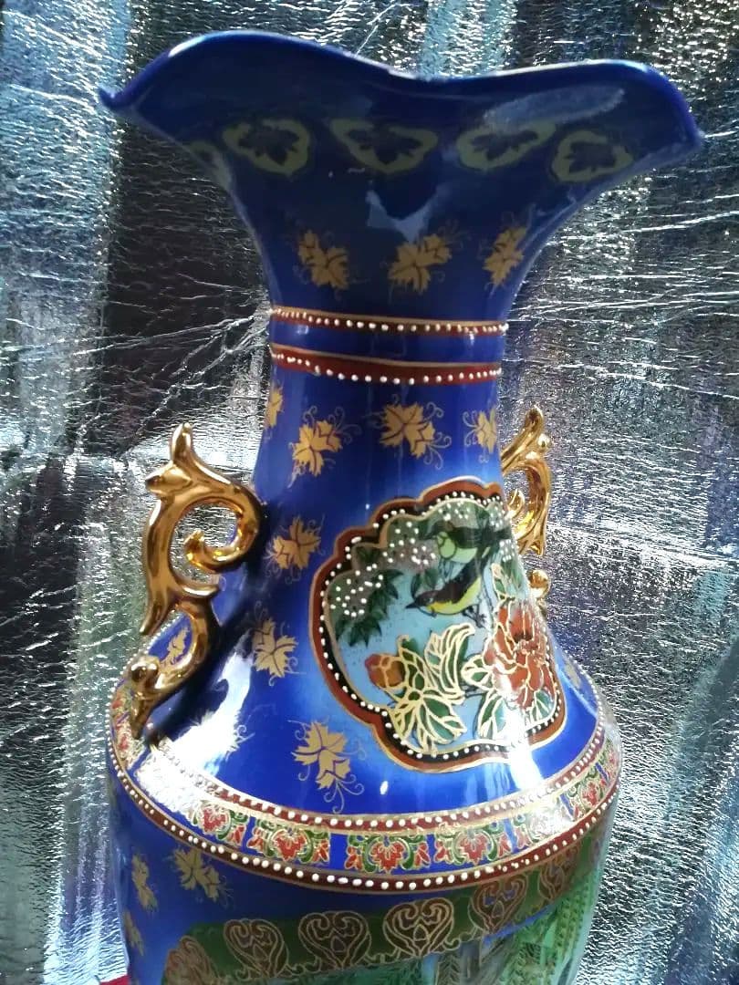 大型花瓶 中国美術 陶器 青 花器 壺 花入れ 双耳壺 飾壺 金色 中国製 高級