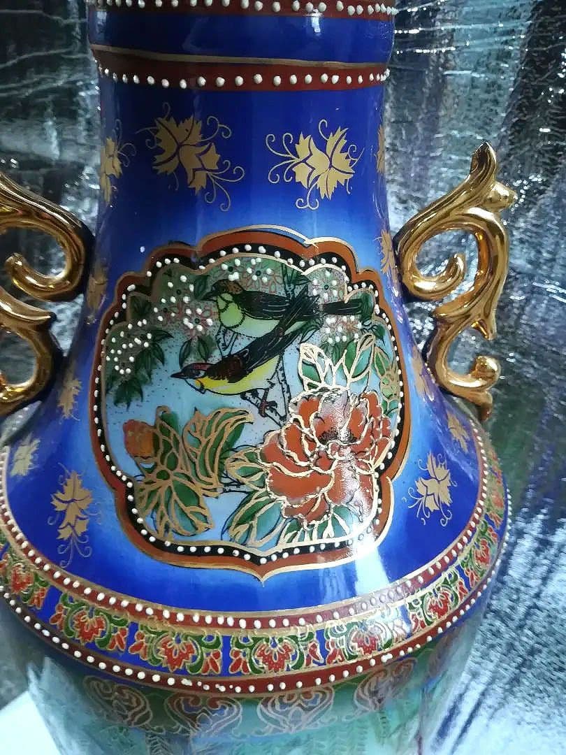 大型花瓶 中国美術 陶器 青 花器 壺 花入れ 双耳壺 飾壺 金色 中国製 高級