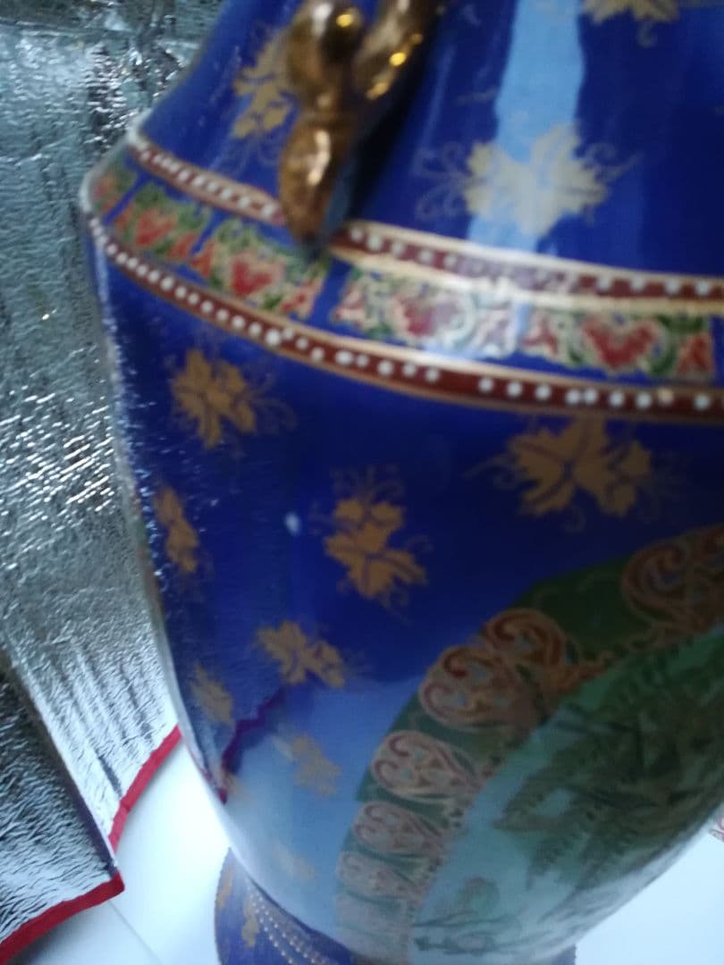 大型花瓶 中国美術 陶器 青 花器 壺 花入れ 双耳壺 飾壺 金色 中国製 高級