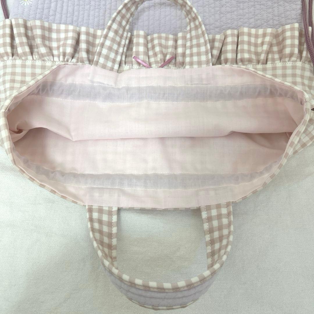 入園入学3点セット　【紫お花ヌビ×くすみピンク】　女の子　レッスンバッグ　大きめ