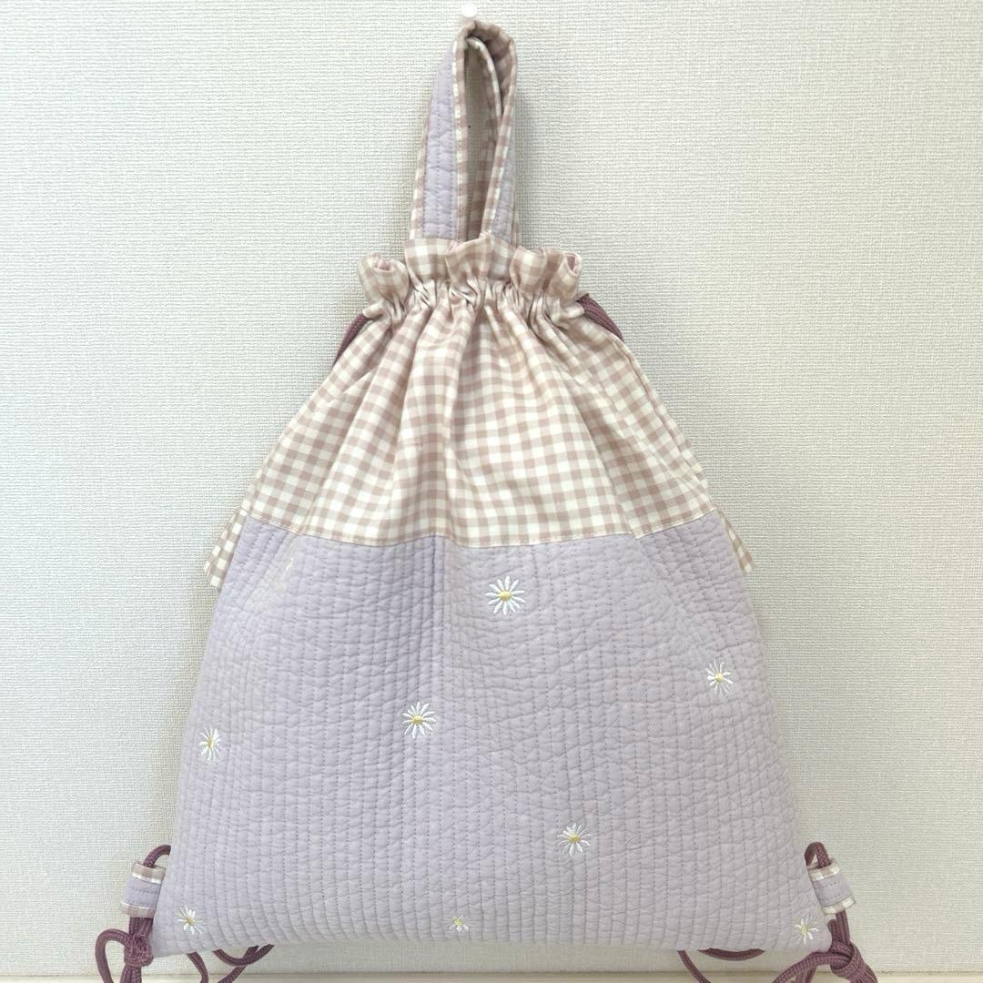 入園入学3点セット　【紫お花ヌビ×くすみピンク】　女の子　レッスンバッグ　大きめ