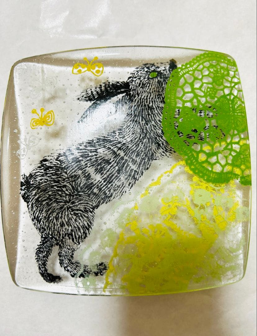 土井朋子　うさぎ　ガラス　皿　2枚セット　プレート　スクエア　作家物　アート