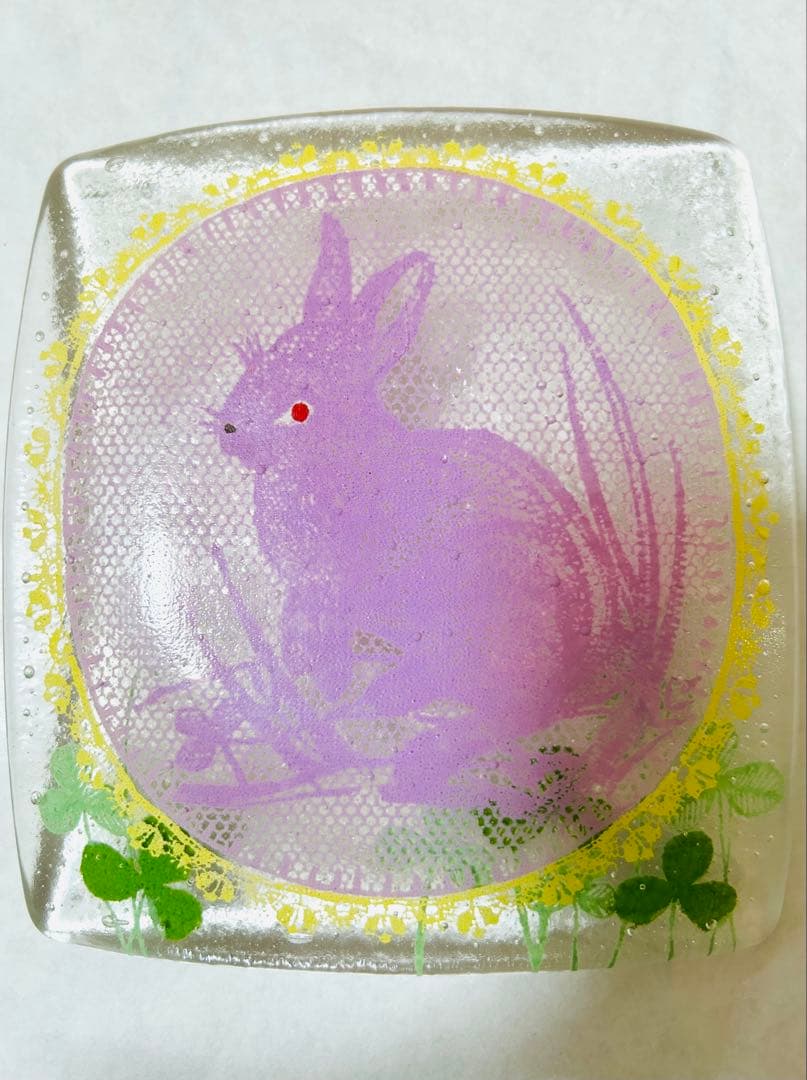 土井朋子　うさぎ　ガラス　皿　2枚セット　プレート　スクエア　作家物　アート