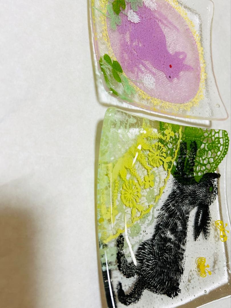土井朋子　うさぎ　ガラス　皿　2枚セット　プレート　スクエア　作家物　アート