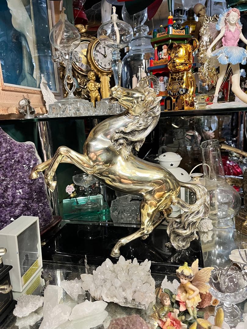 馬 馬の置物 跳馬 シルバーホース 銀色の馬 跳馬 体長40 高さ35