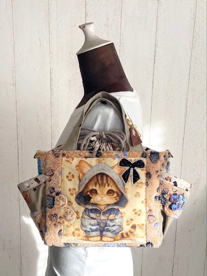 デニムリメイクバッグS 肉求ふわもこ×パネル生地