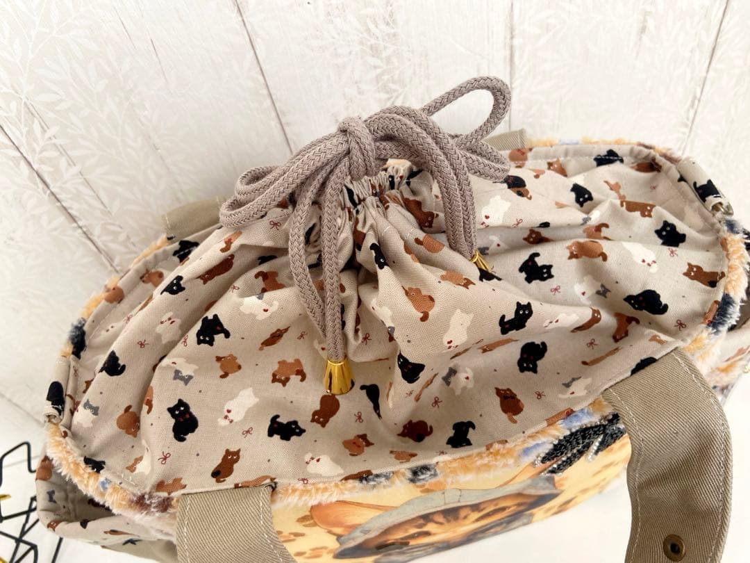 デニムリメイクバッグS 肉求ふわもこ×パネル生地