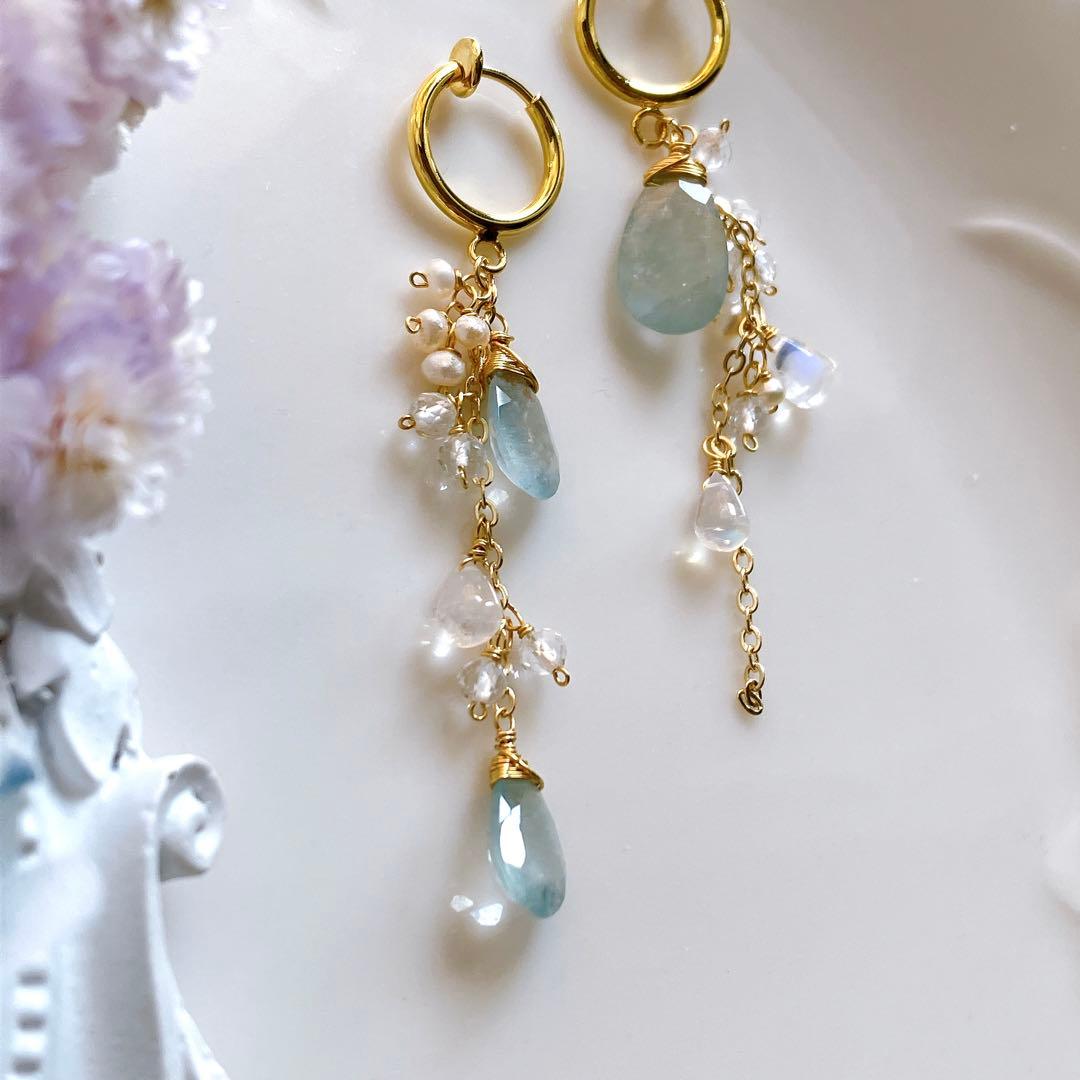 シンデレラアクアマリン×水晶アシンメトリーイヤリング✧14kgf