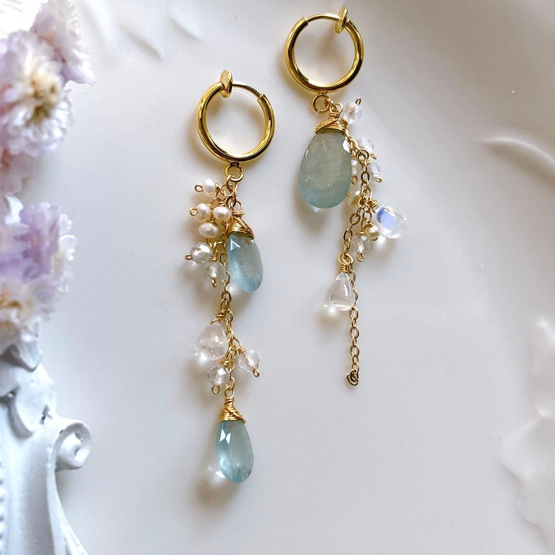 シンデレラアクアマリン×水晶アシンメトリーイヤリング✧14kgf