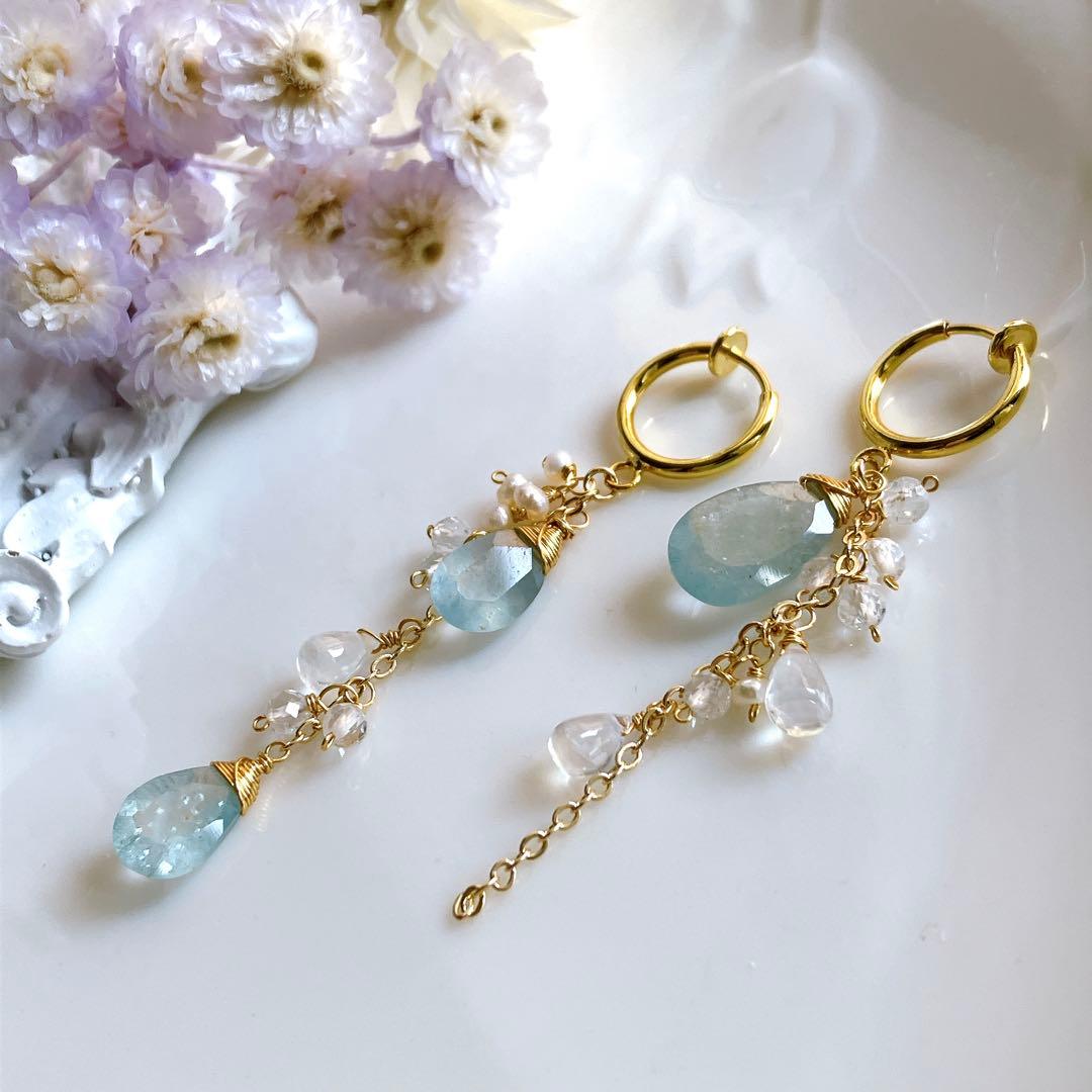 シンデレラアクアマリン×水晶アシンメトリーイヤリング✧14kgf
