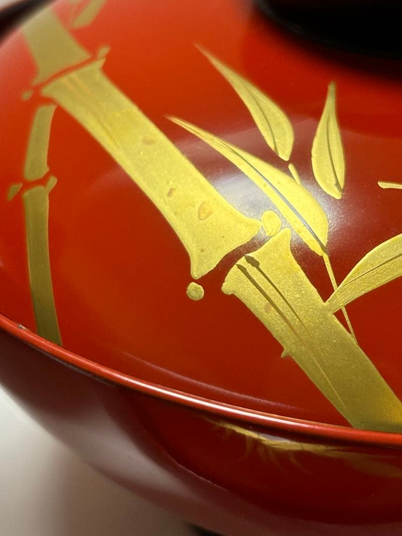 木製漆器　お吸物椀　朱内黒　蒔絵　竹図　蓋付汁椀　五客揃い　アンティーク　未使用