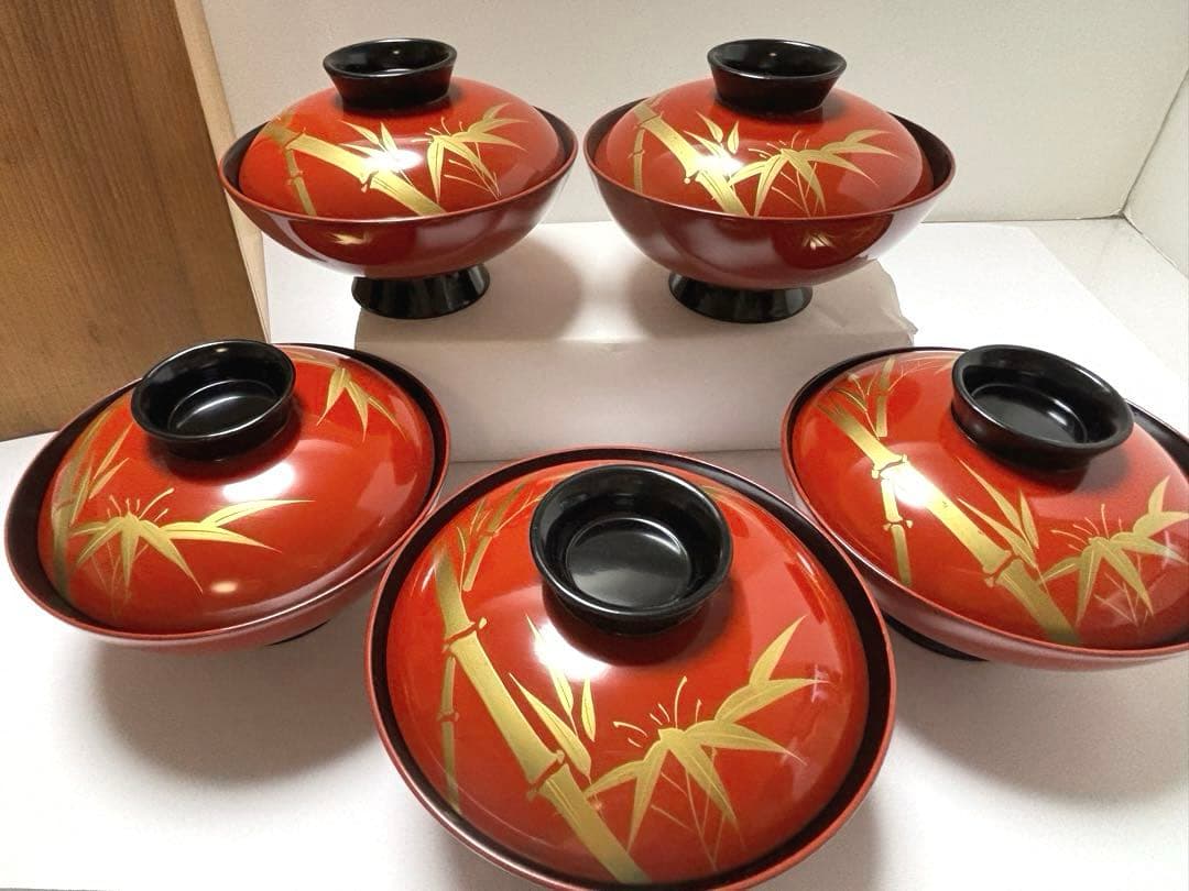 木製漆器　お吸物椀　朱内黒　蒔絵　竹図　蓋付汁椀　五客揃い　アンティーク　未使用