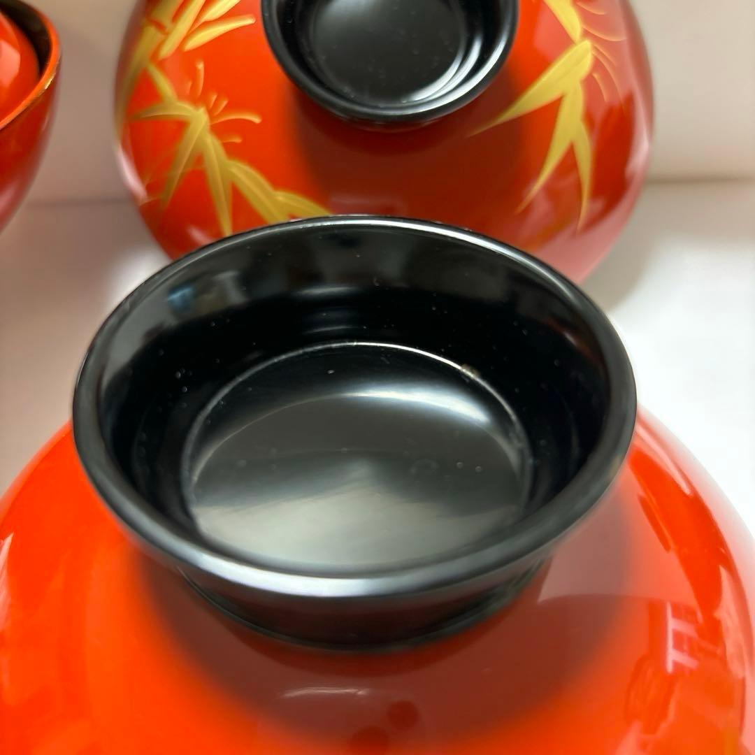 木製漆器　お吸物椀　朱内黒　蒔絵　竹図　蓋付汁椀　五客揃い　アンティーク　未使用