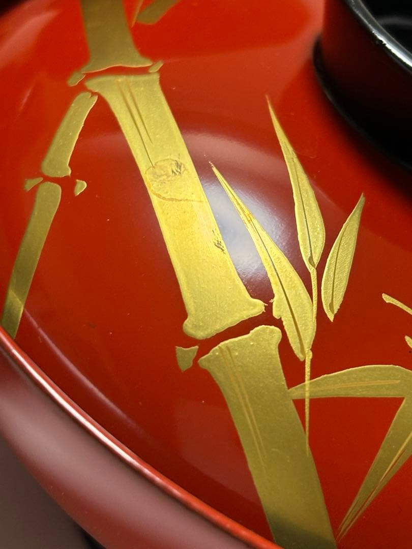 木製漆器　お吸物椀　朱内黒　蒔絵　竹図　蓋付汁椀　五客揃い　アンティーク　未使用