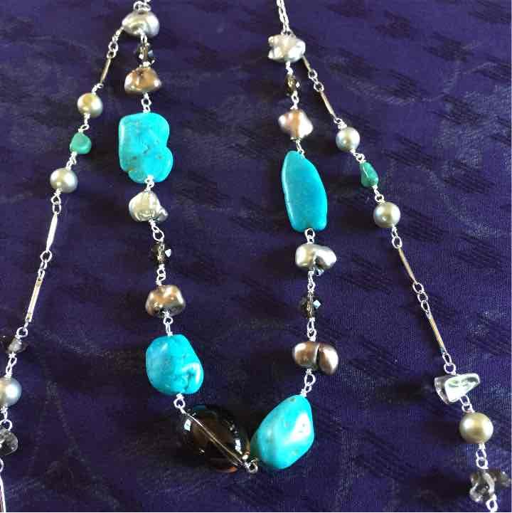 【ハンドメイド☆】　2連ネックレス　ターコイズ　スモーキークオーツ