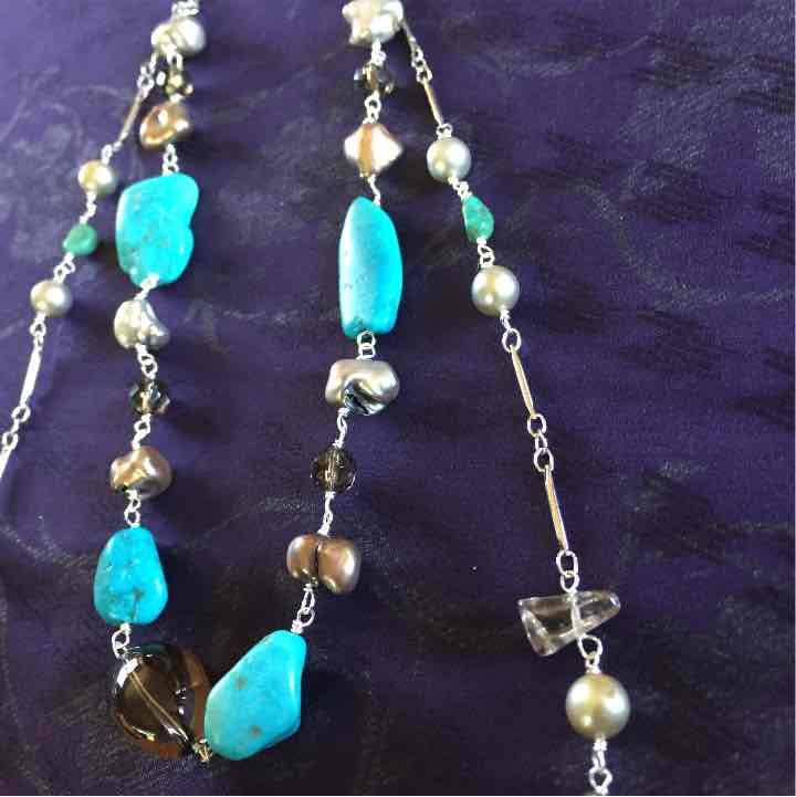 【ハンドメイド☆】　2連ネックレス　ターコイズ　スモーキークオーツ