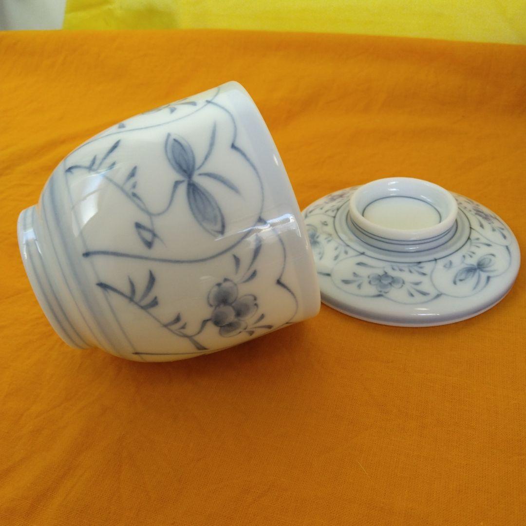 有田焼　光峰釜　白磁藍色草花手描き茶碗蒸し器　18個