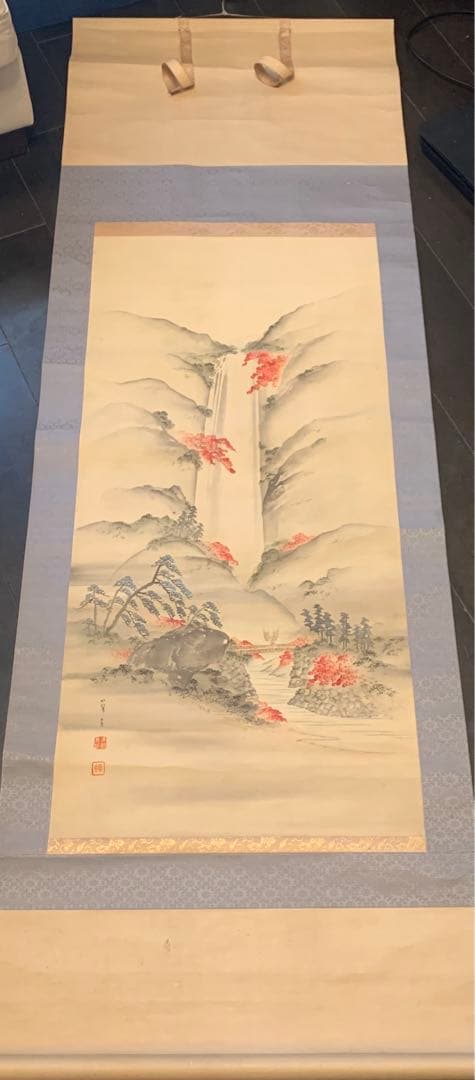 明治時代　日本画　木村関泉（きむら かんせん）　山水　掛軸　紅葉　秋