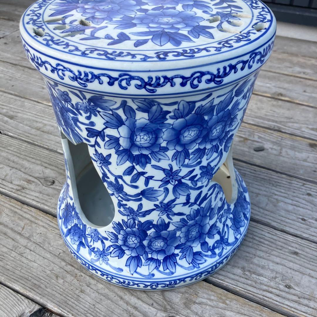 中国陶器スツール 青華唐子之図 染付 花柄 花台 ビンテージ ヴィンテージ