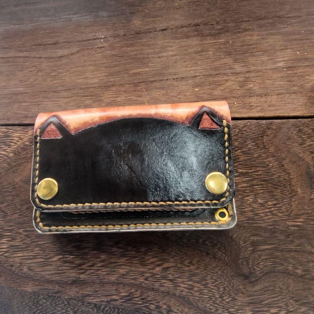 ミドルサイズ トラッカーウォレット 手染め 黒猫 ブラックニャンコ