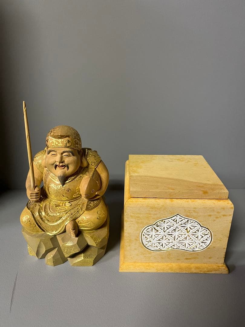 特別価格　恵比寿　大黒　セット　木彫り　彩色　手彫　柘植材