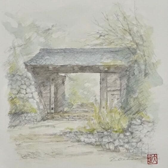 大塩忠雄 城門 水彩画 色紙 肉筆 原画 絵画 芸術 美術 額装 美術品